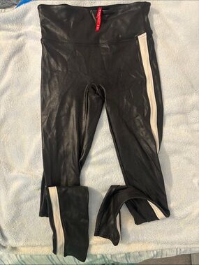 SPANX Black Faux Leather Leggings with Red Brand Tag